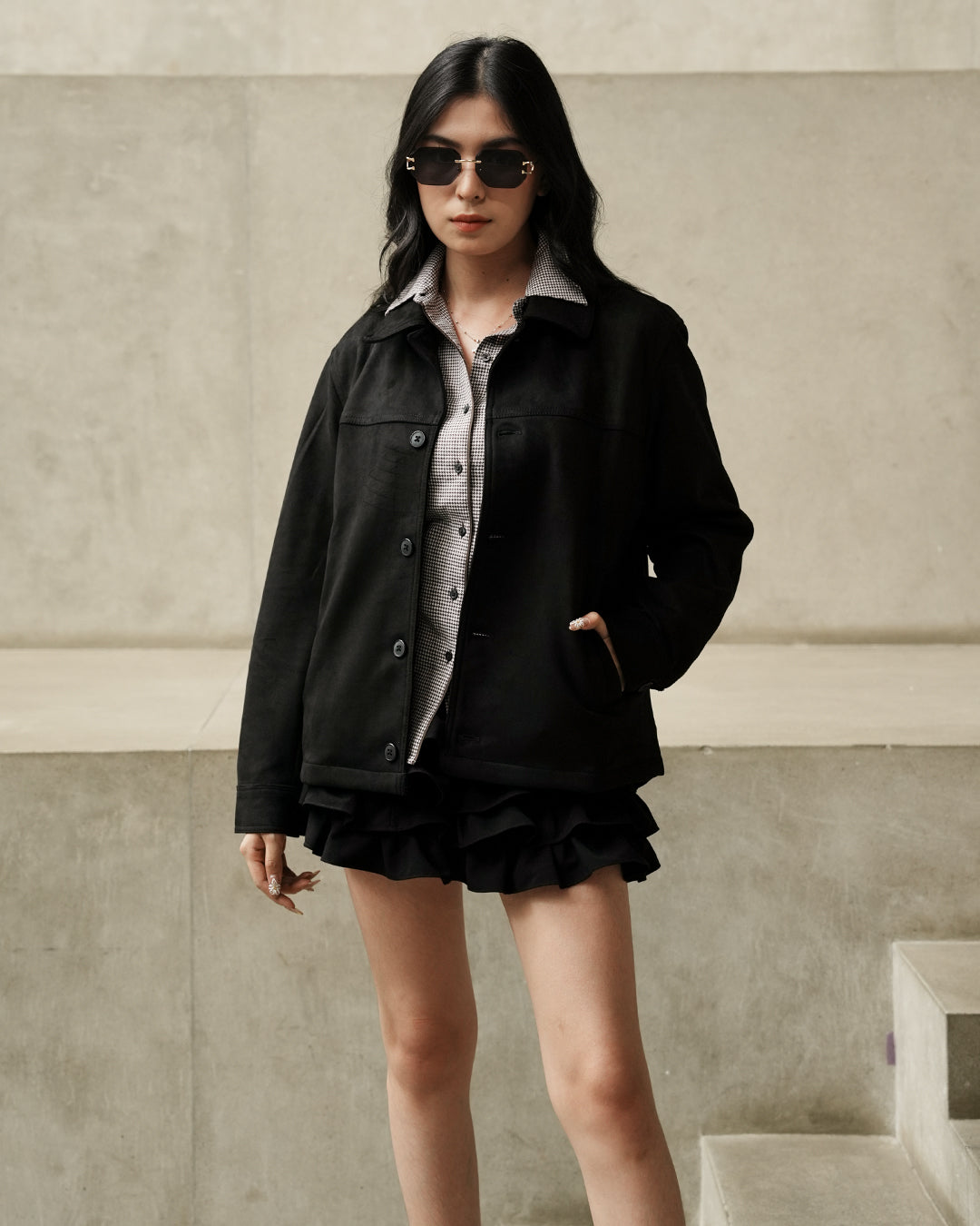 Minimal Button Suede Jacket - Black