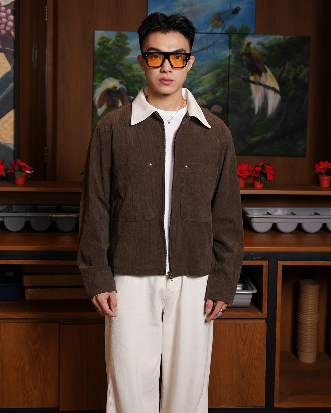 Corduroy Zipper Work Jacket - Coffee