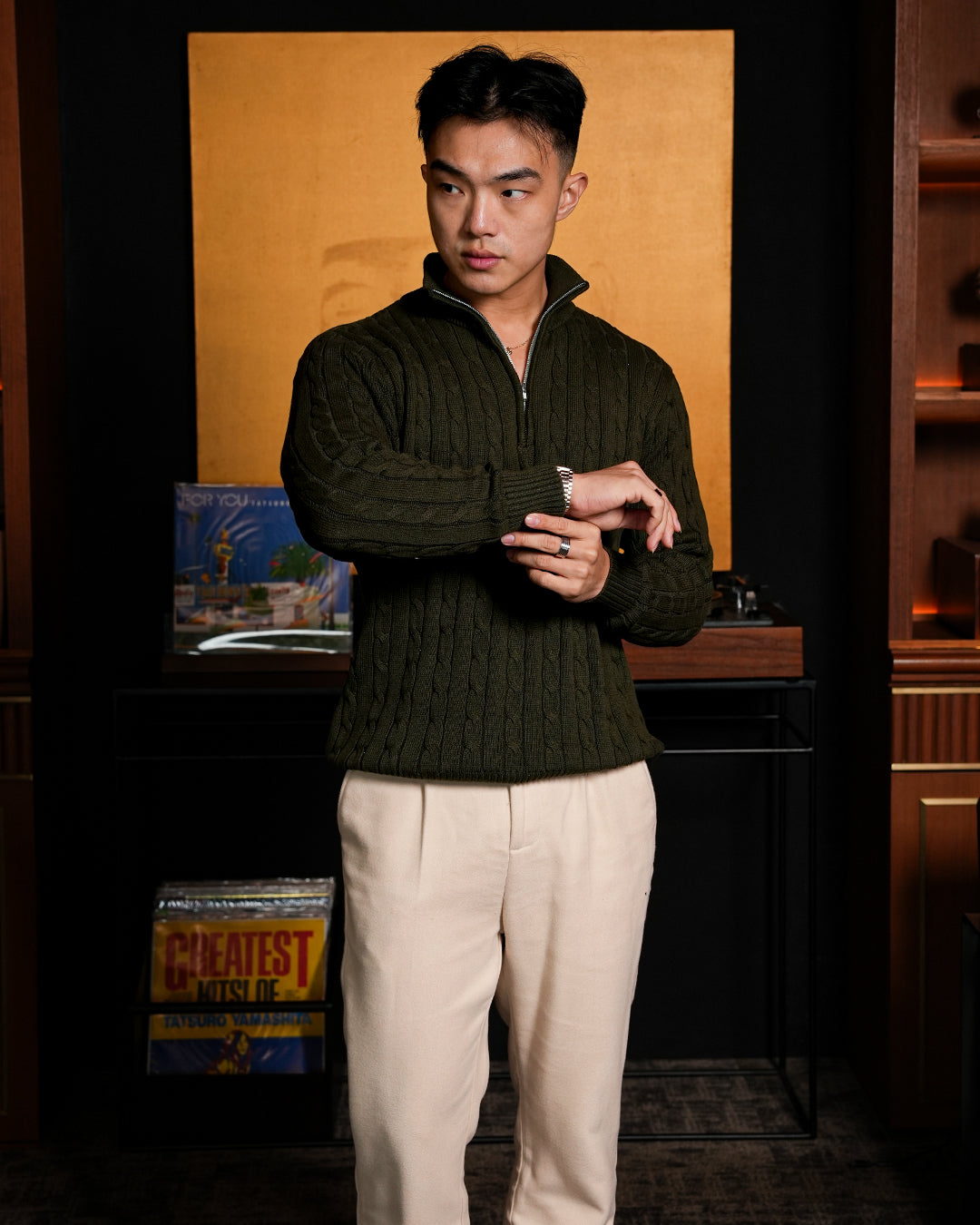 Cable-Knit Cotton GG Half-Zip Sweater - Olive