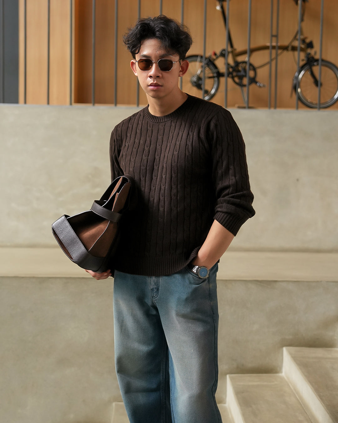 Crewneck Cable-Knit Cotton GG Sweater - Coffee