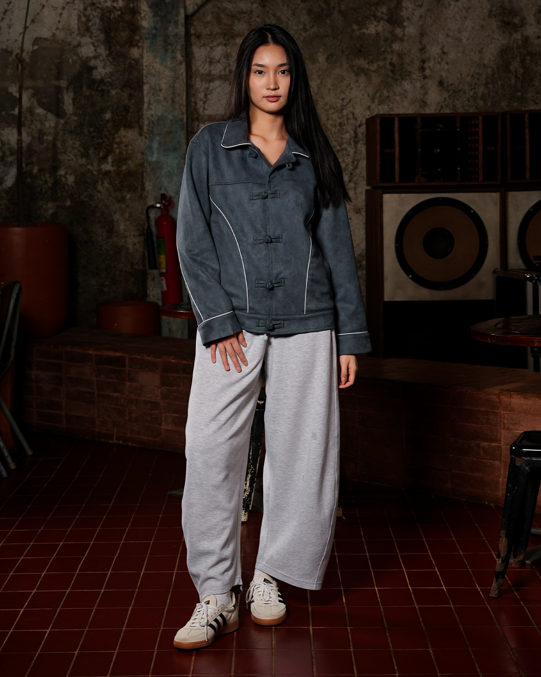 Accent Suede Chongsam Jacket - Dusty Blue