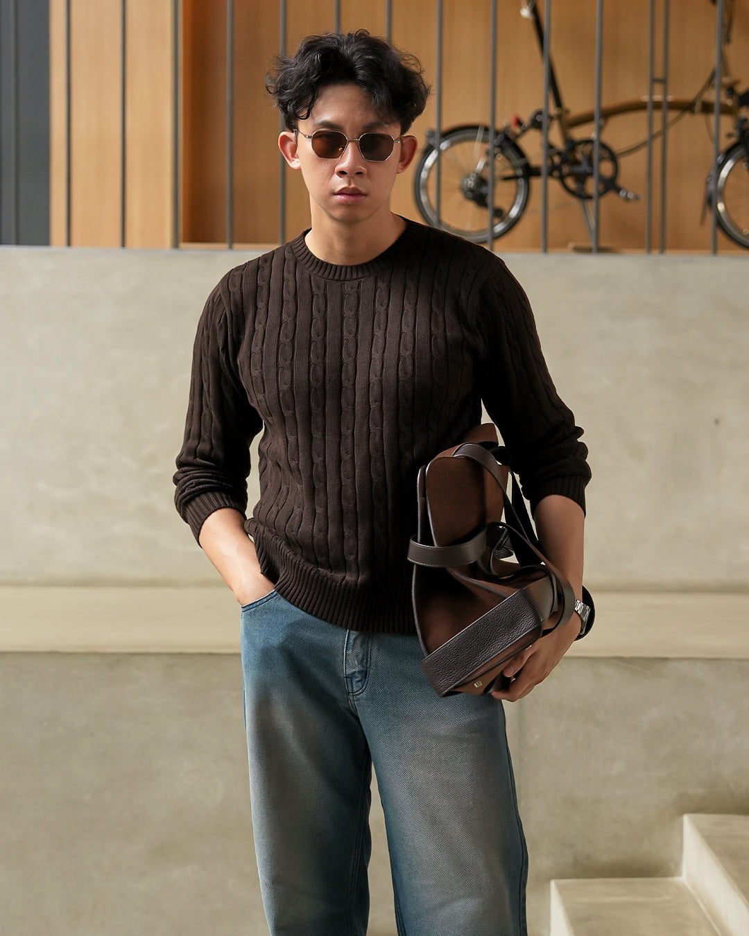 Crewneck Cable-Knit Cotton GG Sweater - Coffee