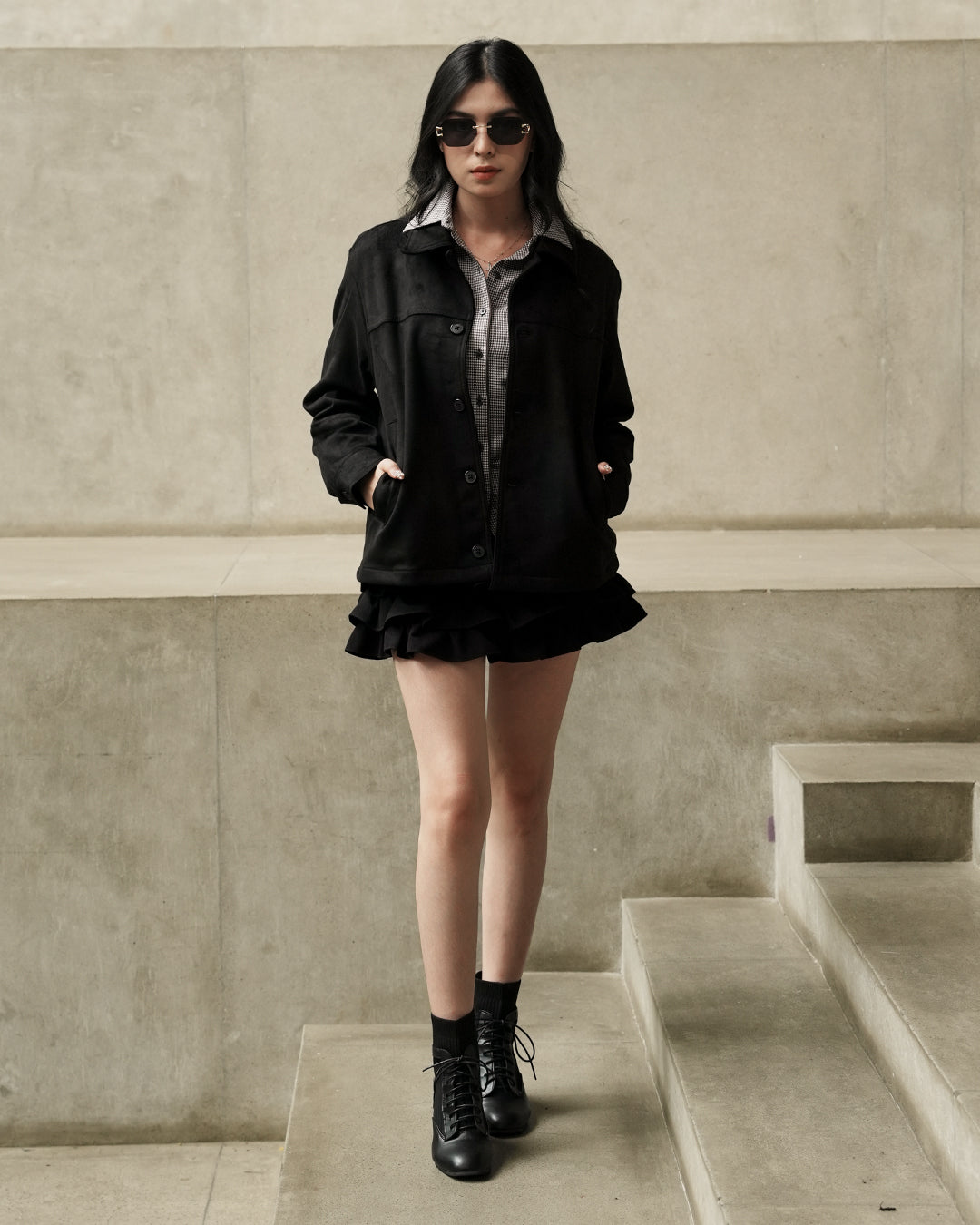 Minimal Button Suede Jacket - Black