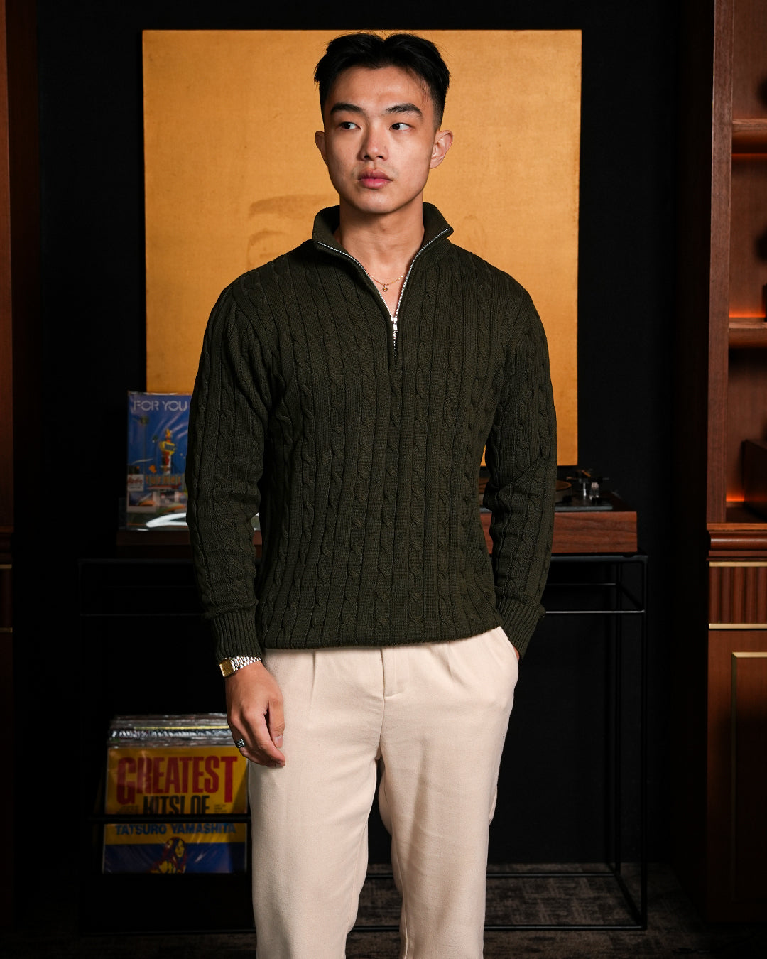 Cable-Knit Cotton GG Half-Zip Sweater - Olive