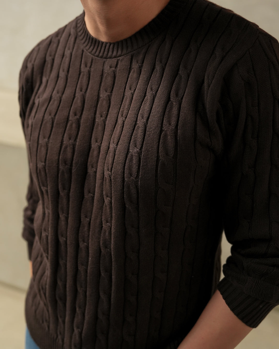 Crewneck Cable-Knit Cotton GG Sweater - Coffee