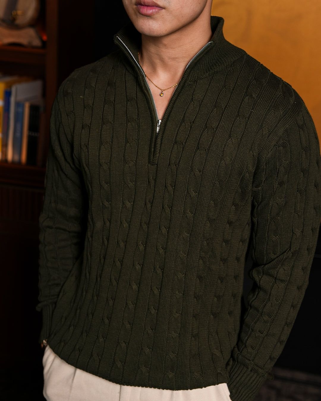 Cable-Knit Cotton GG Half-Zip Sweater - Olive