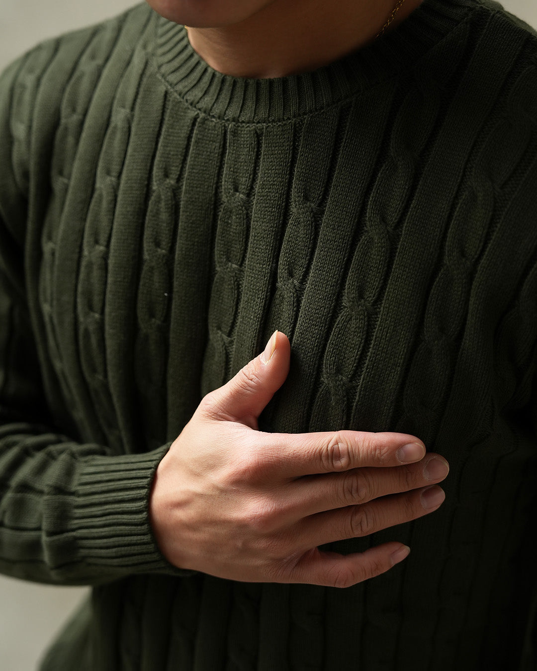 Crewneck Cable-Knit Cotton GG Sweater - Olive