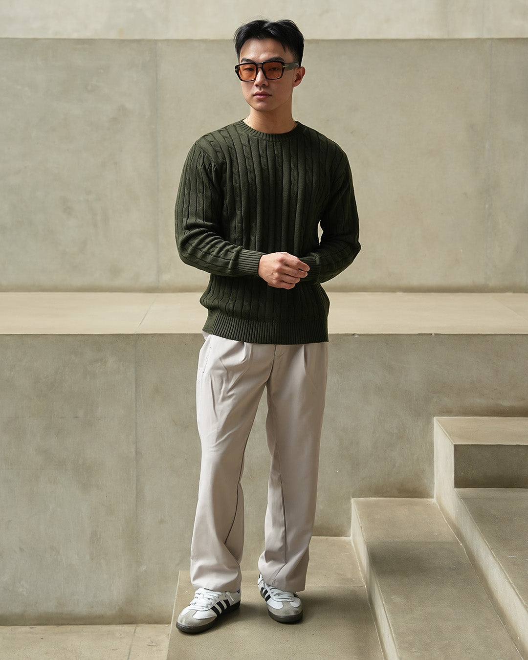 Crewneck Cable-Knit Cotton GG Sweater - Olive