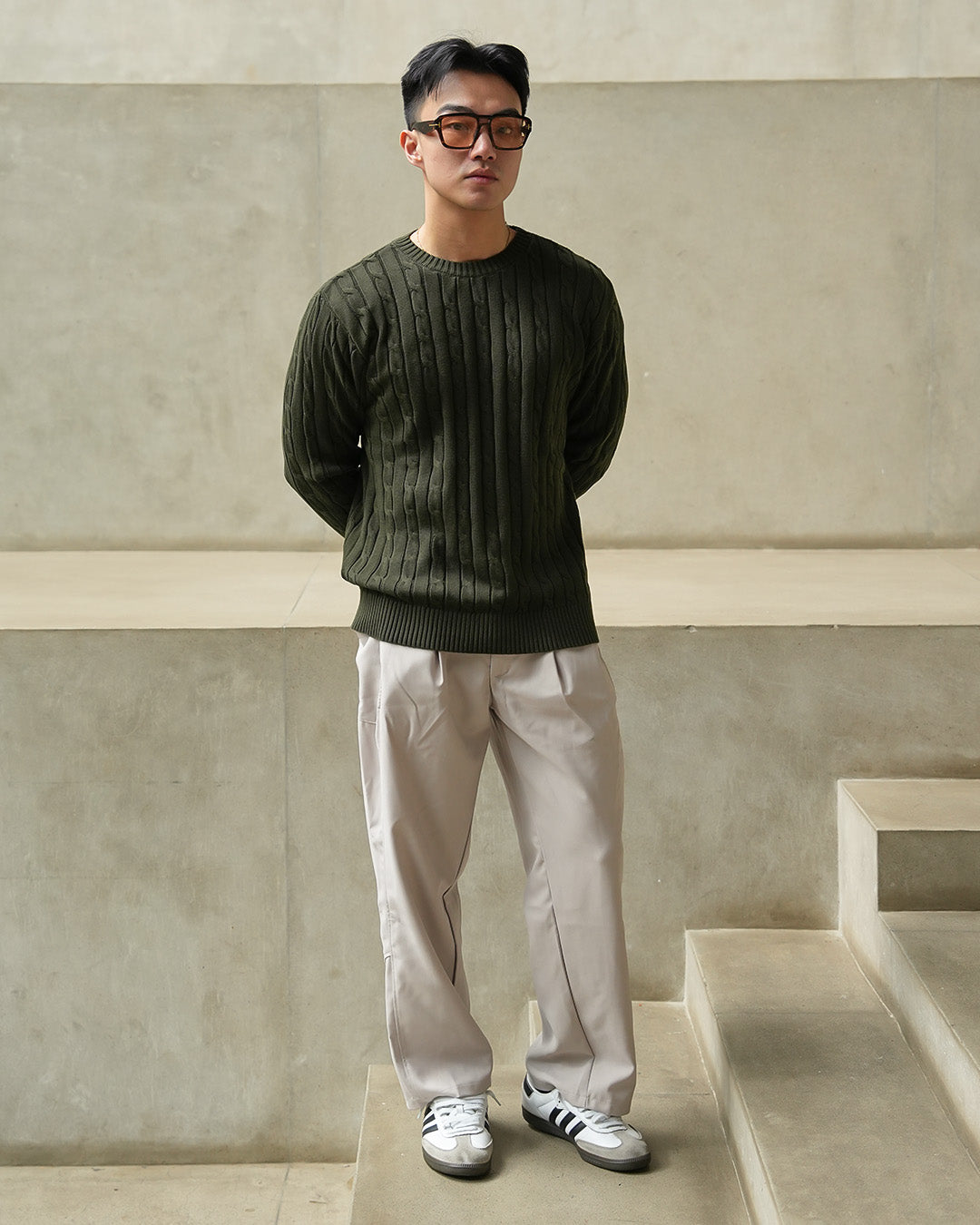 Crewneck Cable-Knit Cotton GG Sweater - Olive