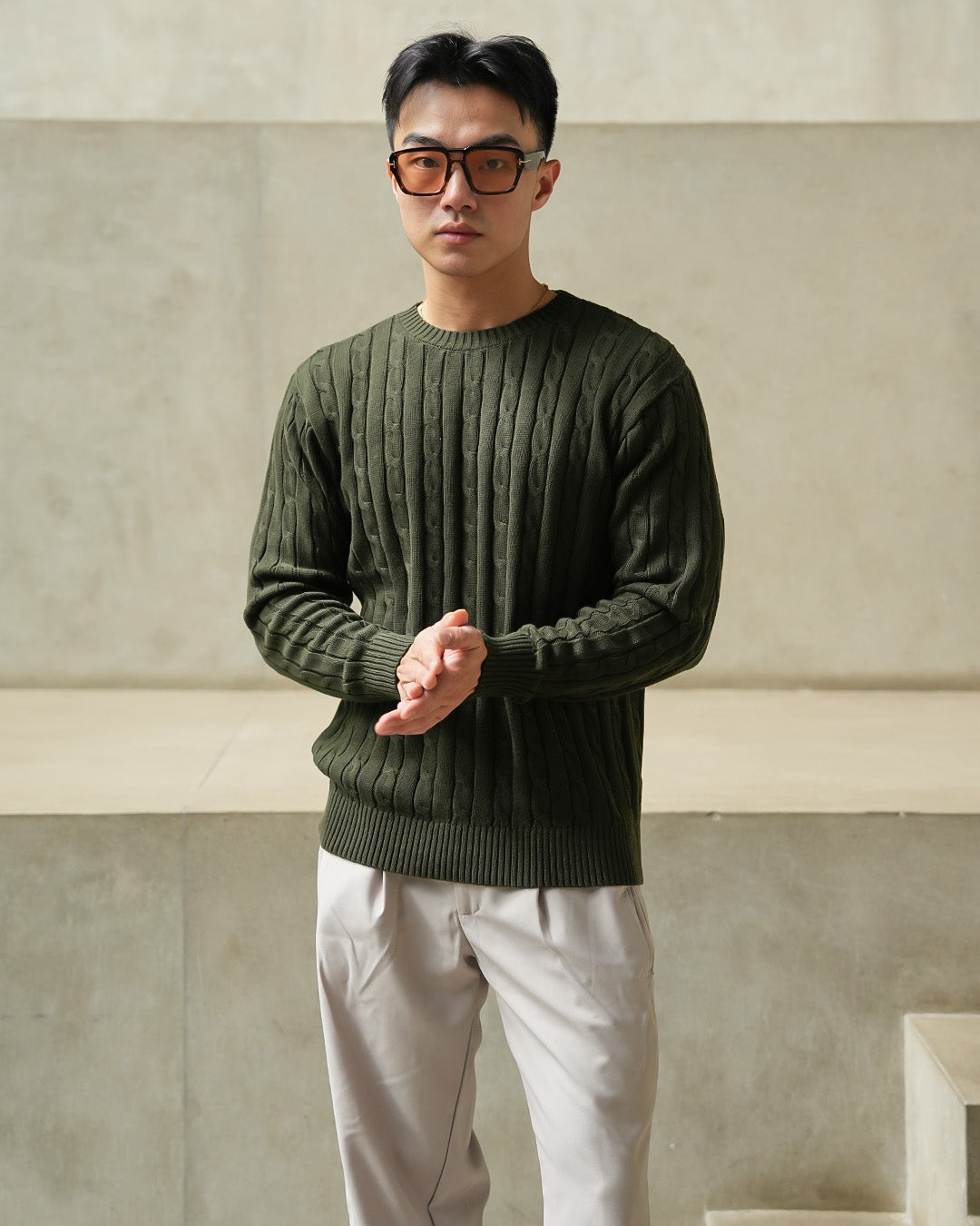 Crewneck Cable-Knit Cotton GG Sweater - Olive