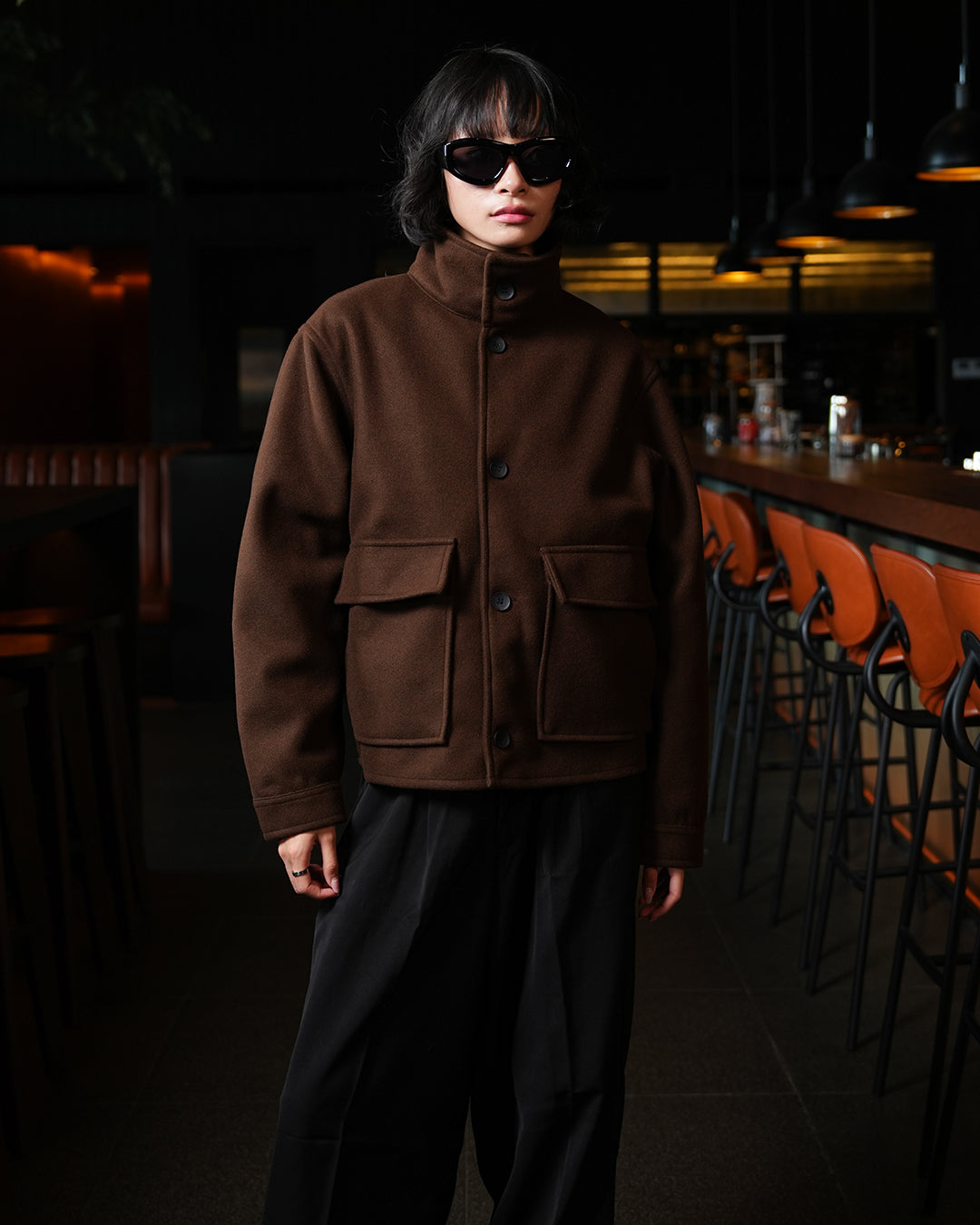 Funnel Neck Wool Fiber - Coffee