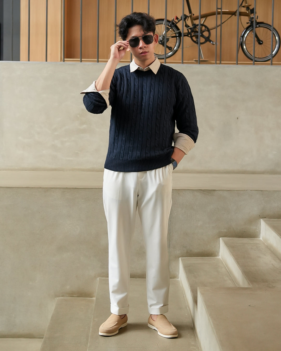 Crewneck Cable-Knit Cotton GG Sweater - Navy