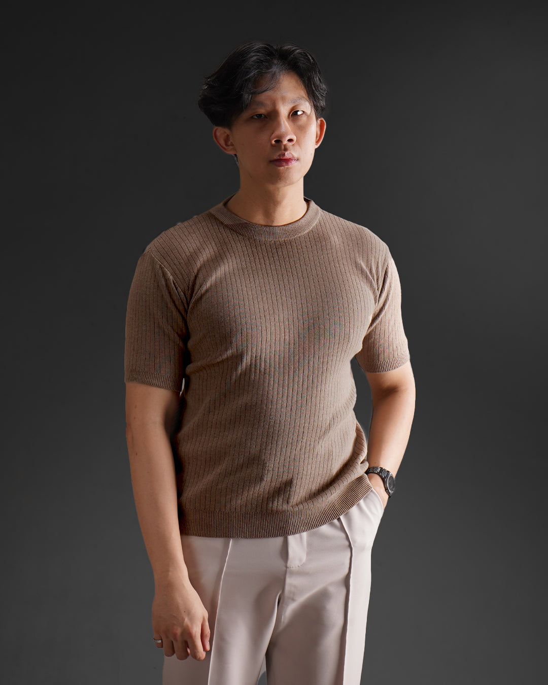Ribbed Knitwear T-Shirt Pure Cotton - Brown