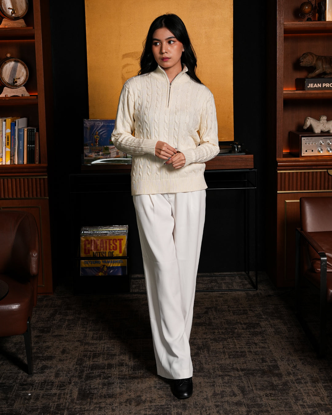 Cable-Knit Cotton GG Half-Zip Sweater - Offwhite
