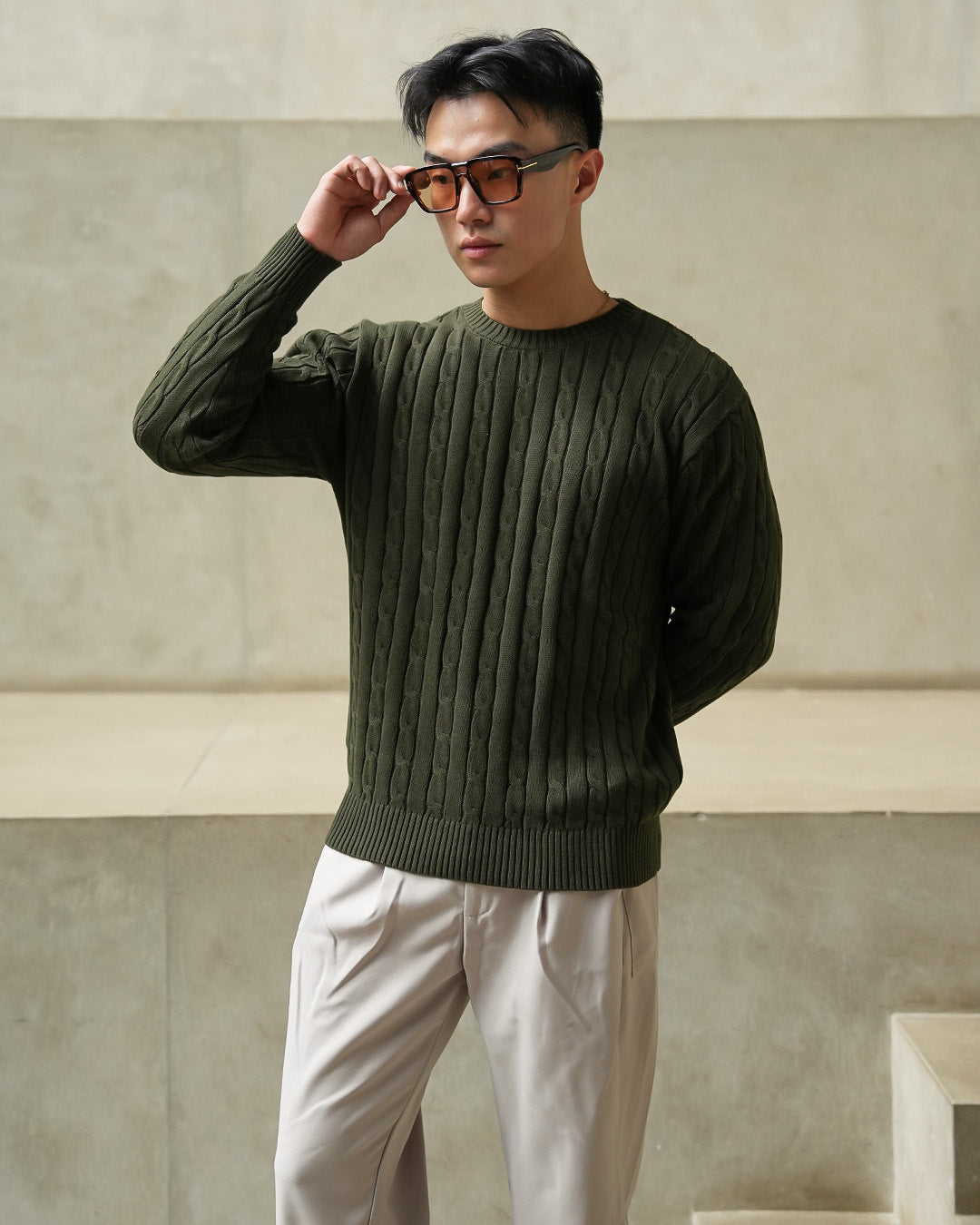 Crewneck Cable-Knit Cotton GG Sweater - Olive