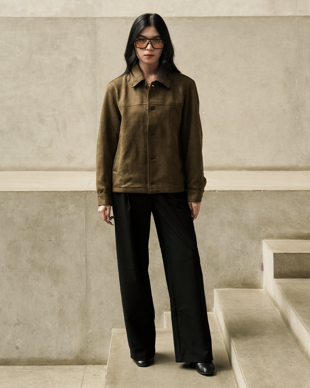 Minimal Button Suede Jacket - Olive
