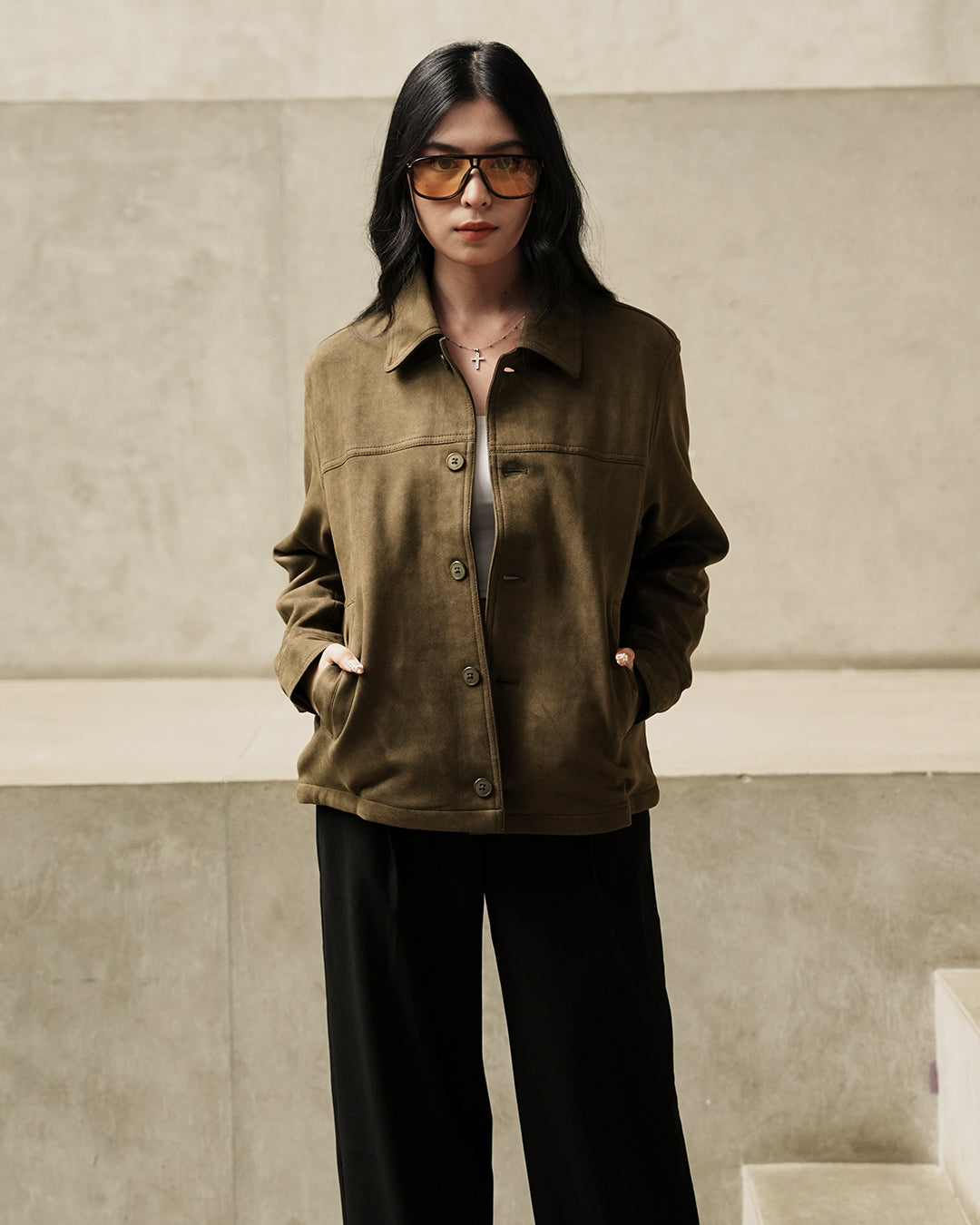 Minimal Button Suede Jacket - Olive