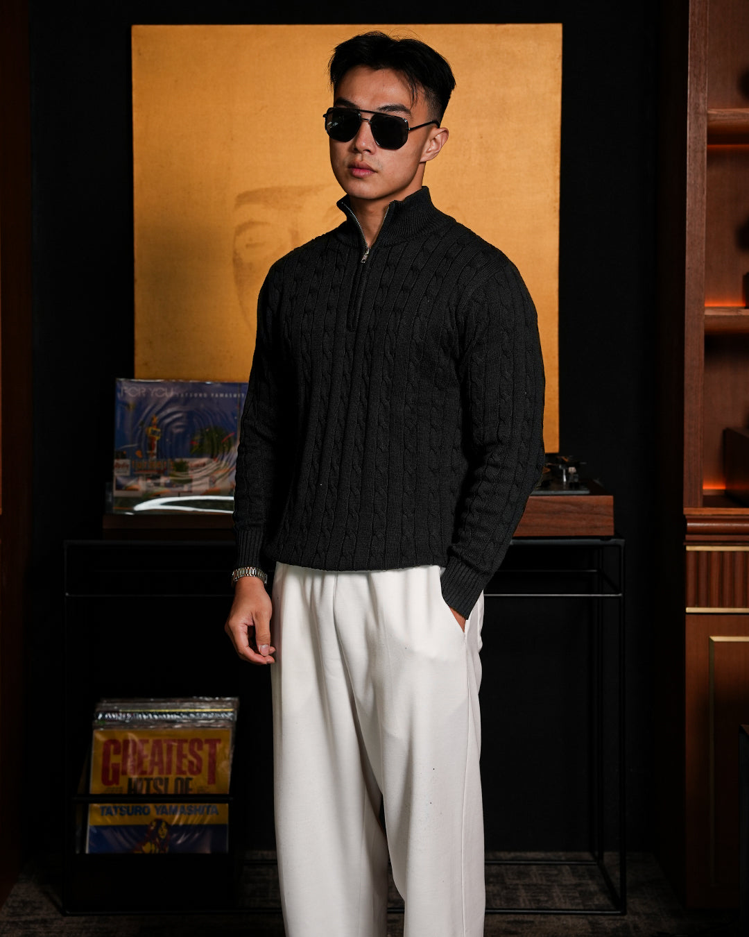 Cable-Knit Cotton GG Half-Zip Sweater - Black