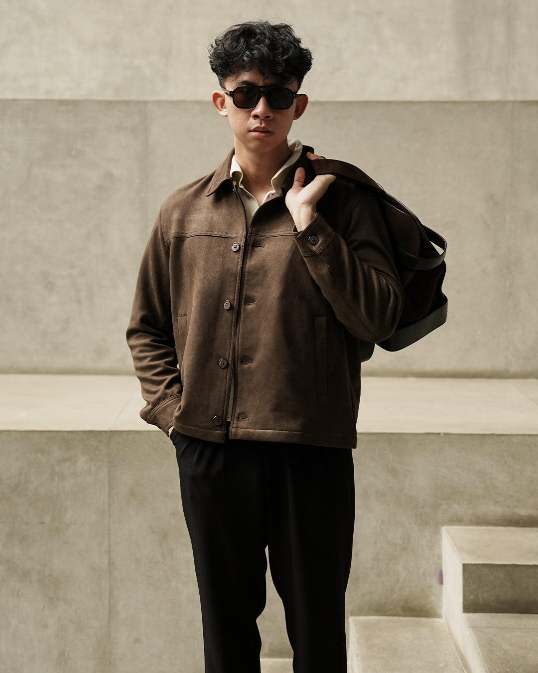 Minimal Button Suede Jacket - Coffee