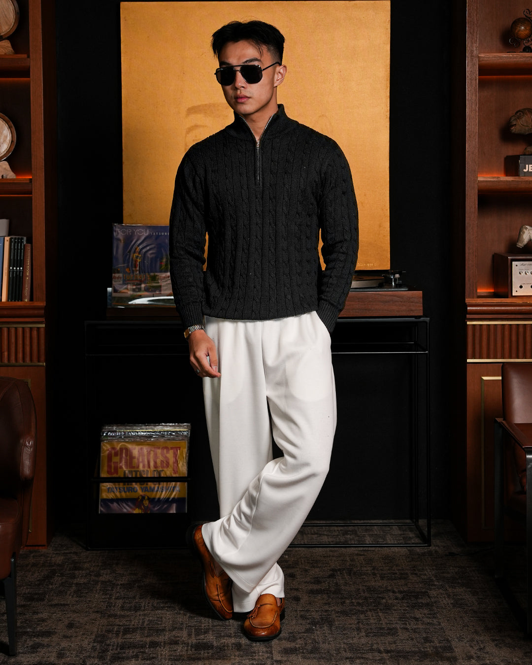 Cable-Knit Cotton GG Half-Zip Sweater - Black