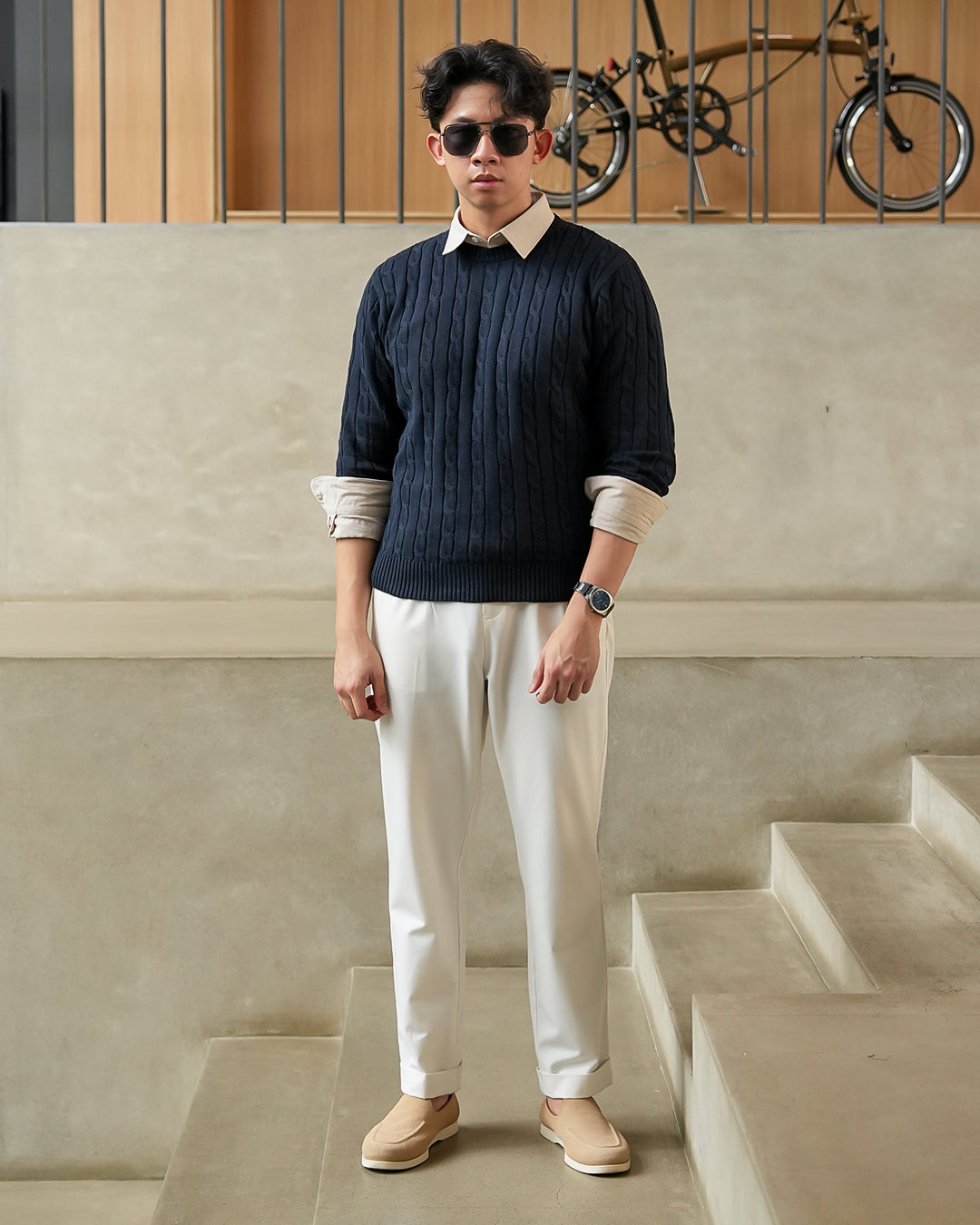 Crewneck Cable-Knit Cotton GG Sweater - Navy