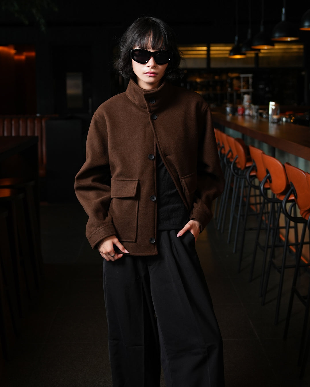 Funnel Neck Wool Fiber - Coffee