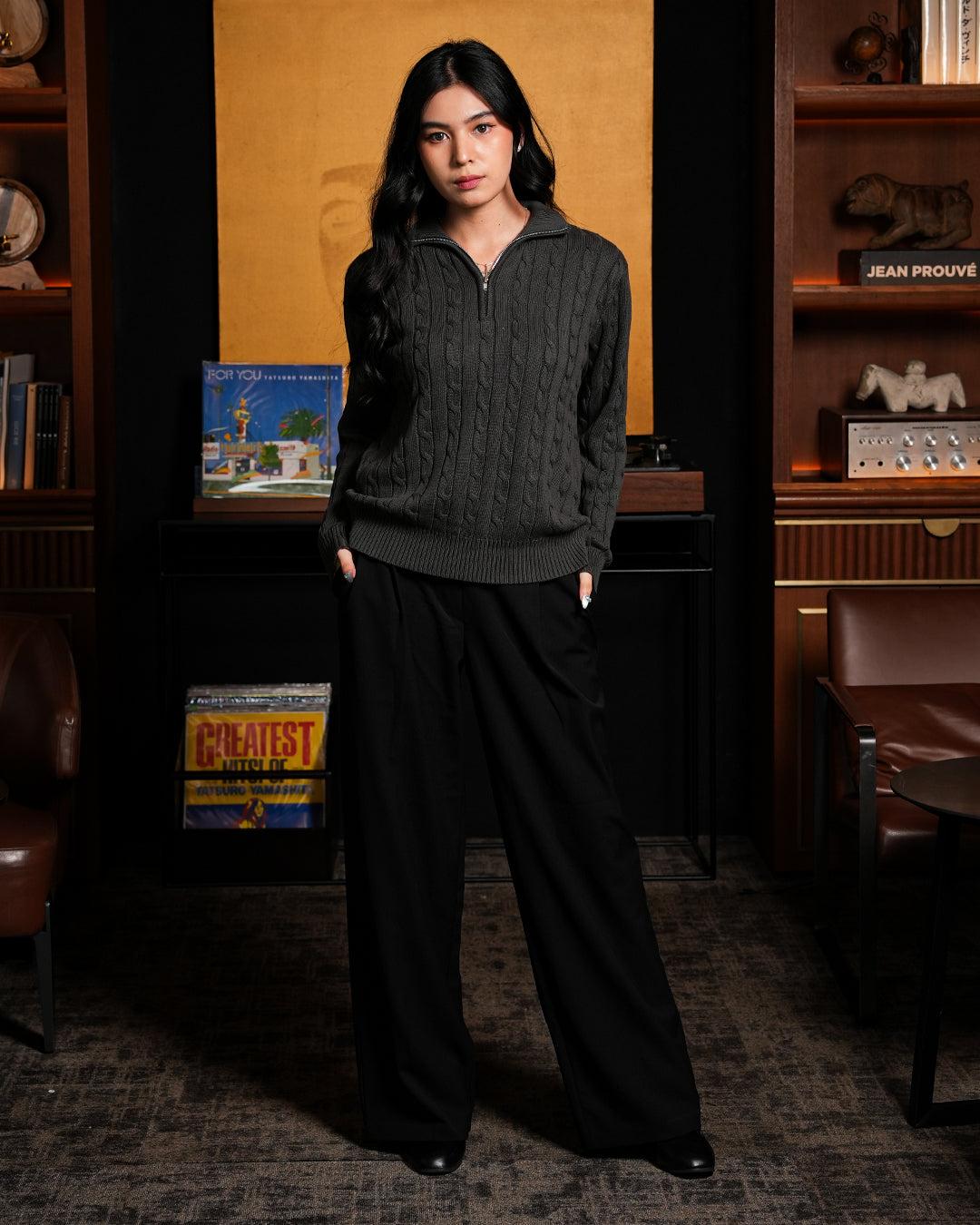 Cable-Knit Cotton GG Half-Zip Sweater - Dark Gray