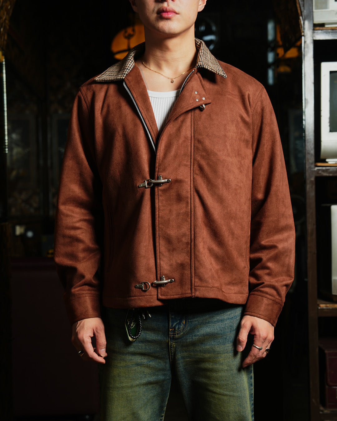 Suede Clasp Jacket mix Flannel - Burnt Brown