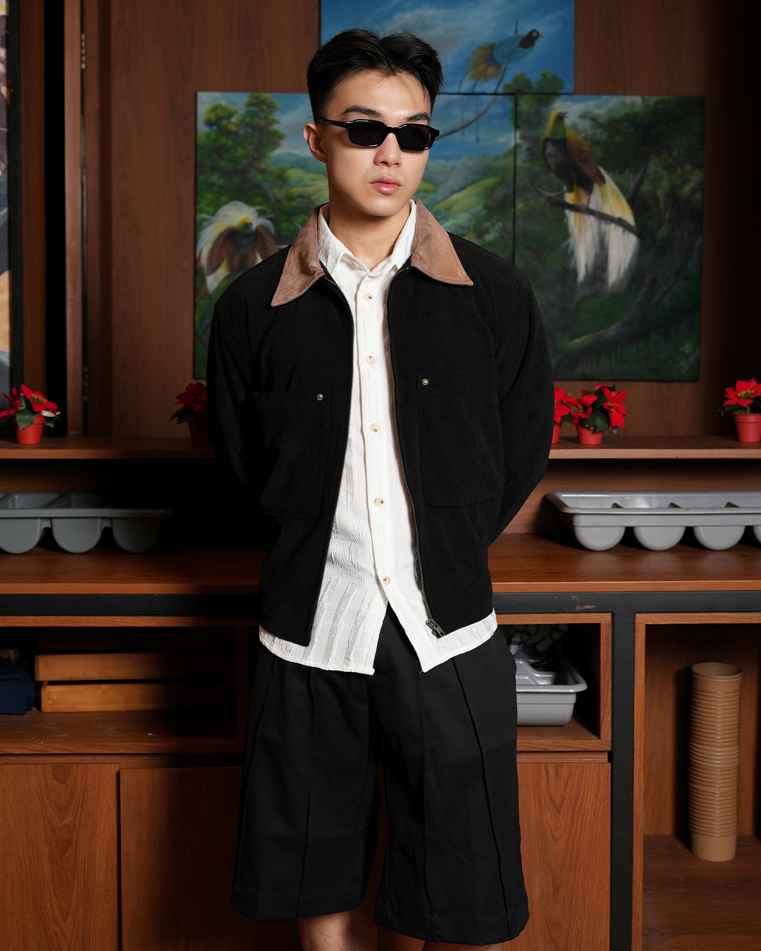 Corduroy Zipper Work Jacket - Black