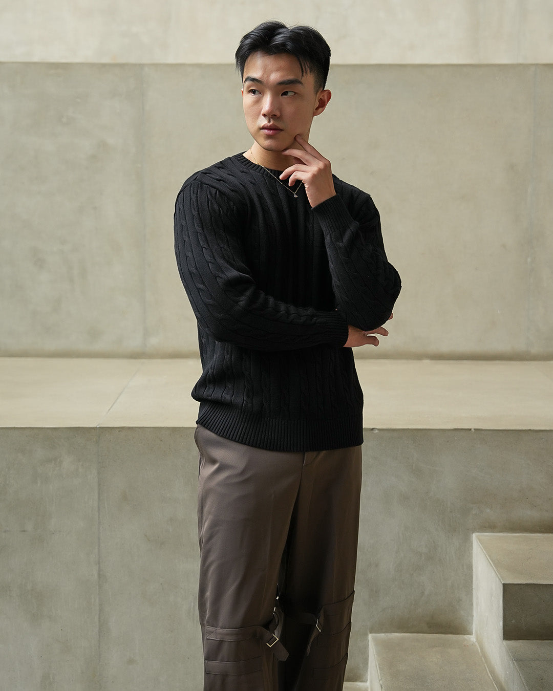 Crewneck Cable-Knit Cotton GG Sweater - Black