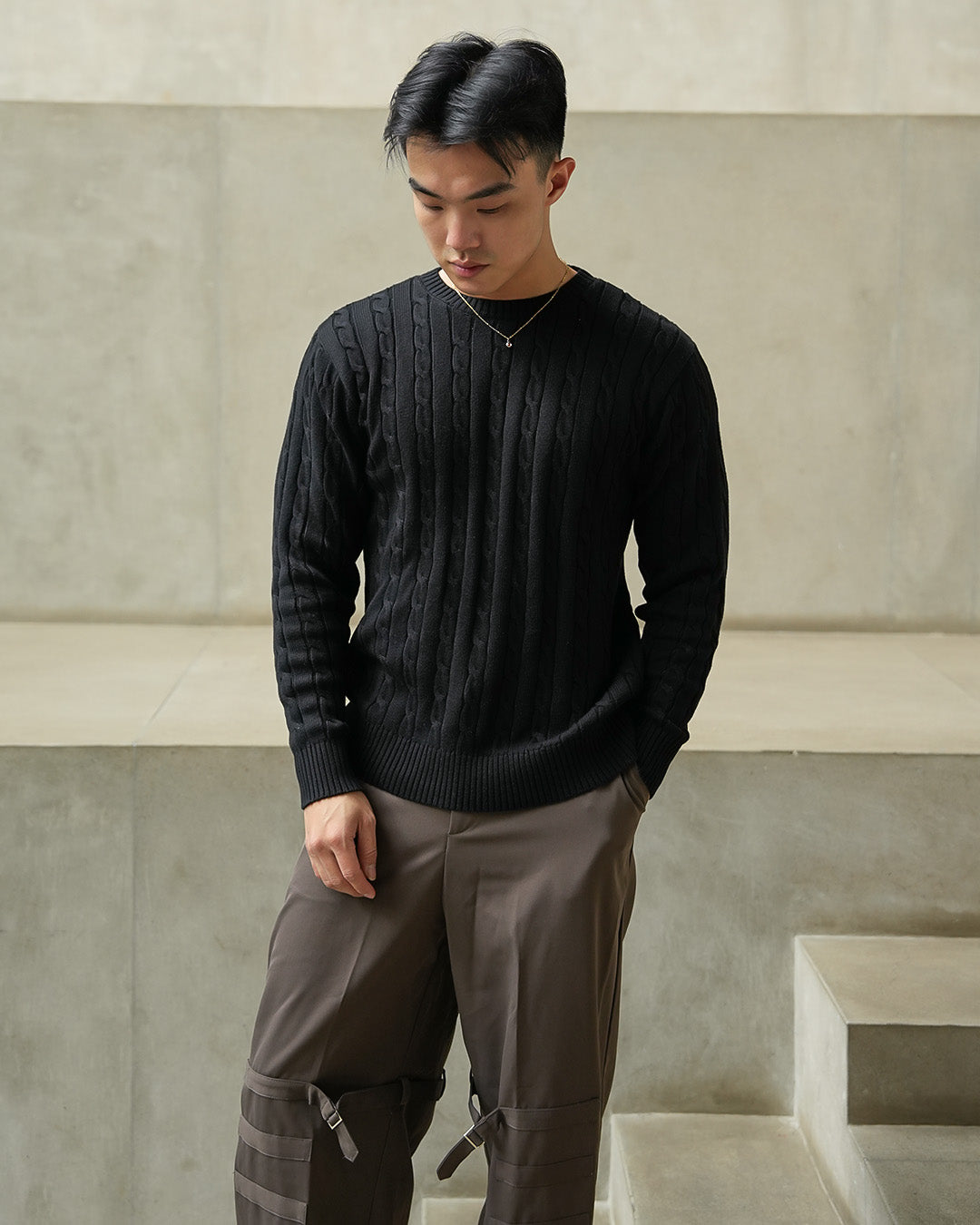 Crewneck Cable-Knit Cotton GG Sweater - Black
