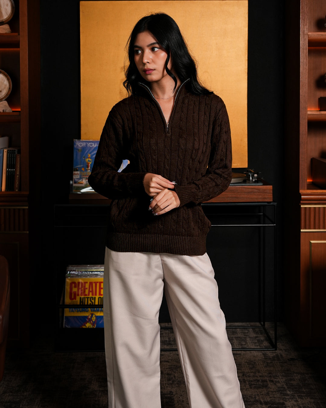 Cable-Knit Cotton GG Half-Zip Sweater - Coffee