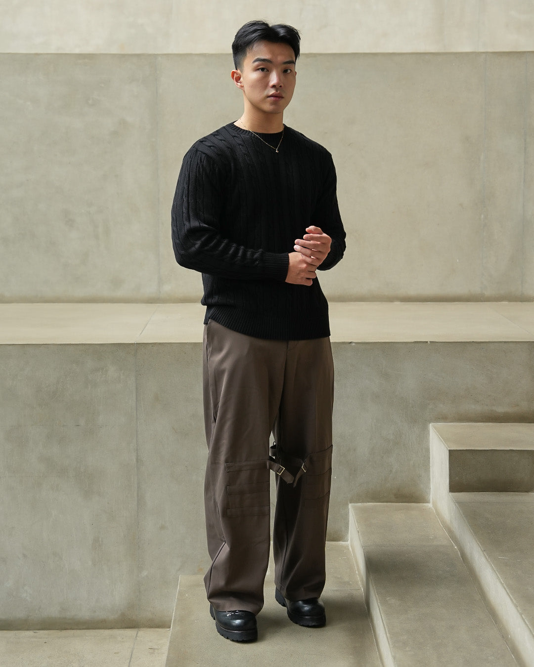 Crewneck Cable-Knit Cotton GG Sweater - Black