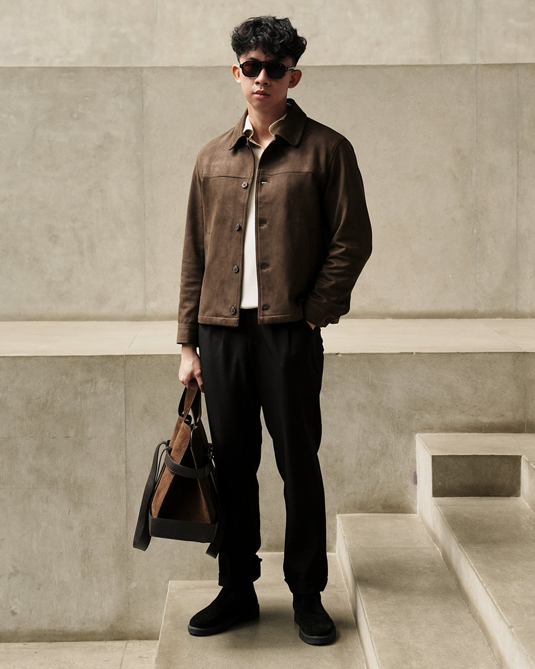 Minimal Button Suede Jacket - Coffee