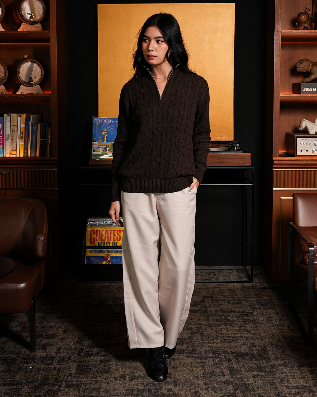 Cable-Knit Cotton GG Half-Zip Sweater - Coffee