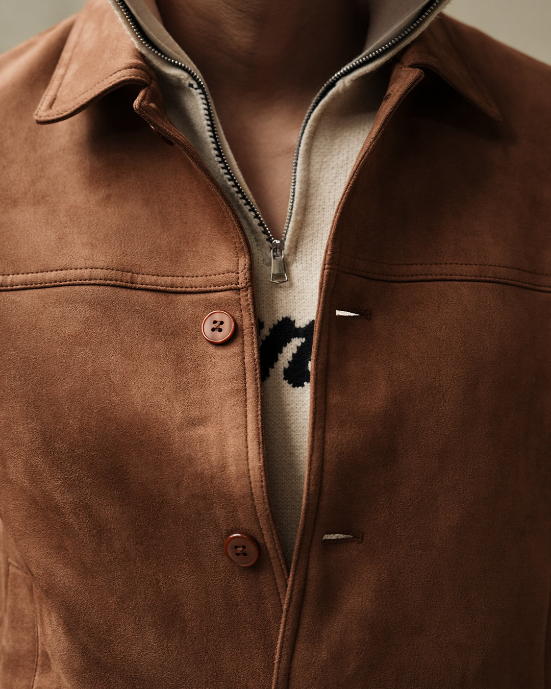 Minimal Button Suede Jacket - Camel
