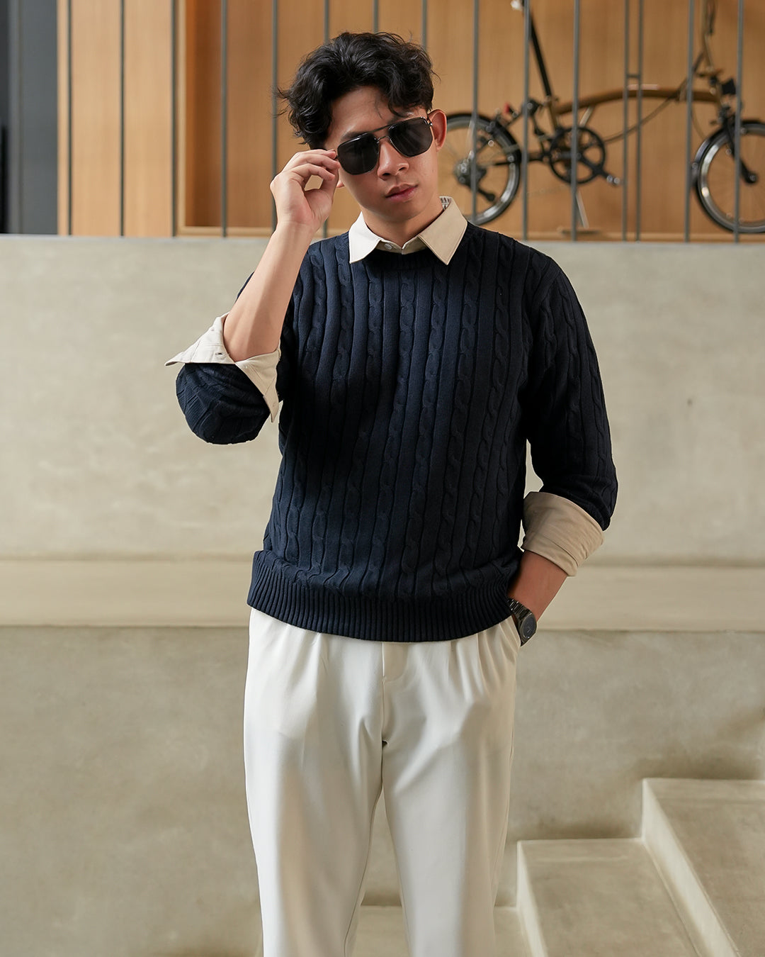 Crewneck Cable-Knit Cotton GG Sweater - Navy