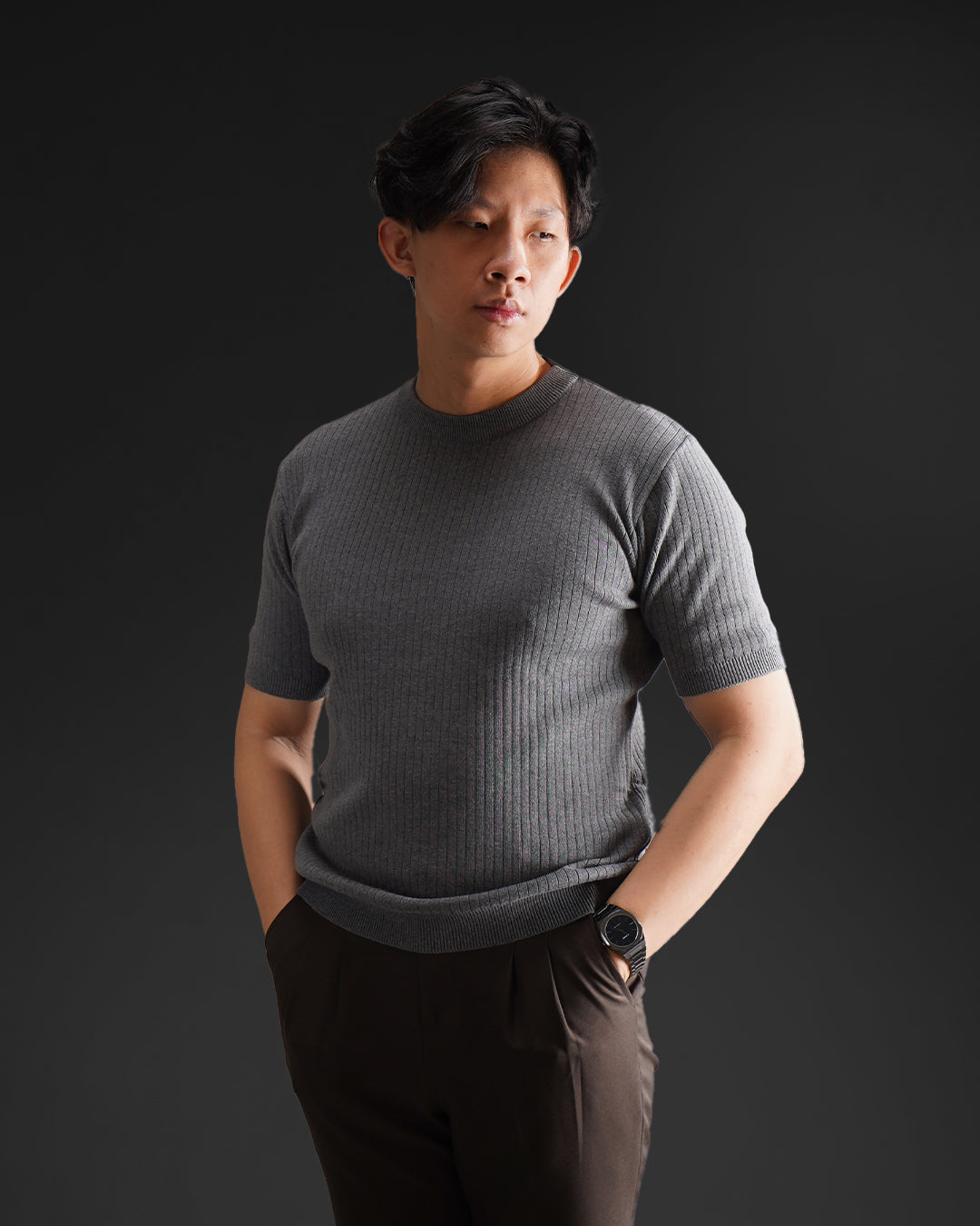 Ribbed Knitwear T-Shirt Pure Cotton - Gray