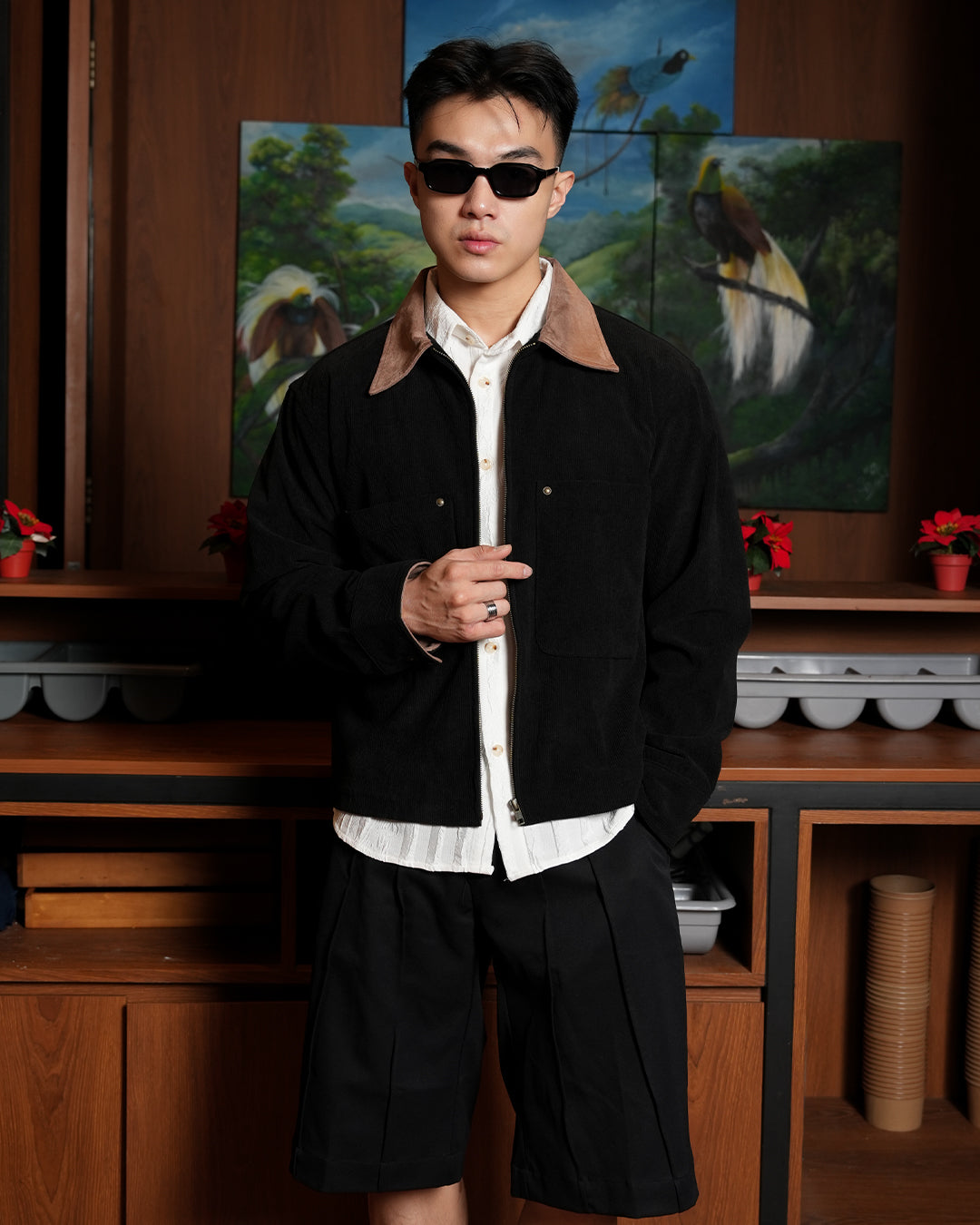 Corduroy Zipper Work Jacket - Black