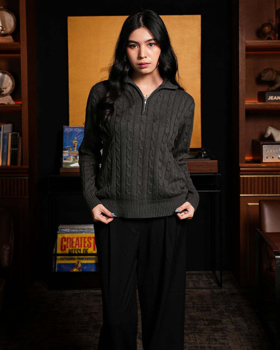 Cable-Knit Cotton GG Half-Zip Sweater - Dark Gray