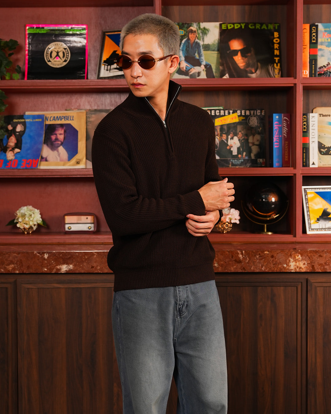 Cotton Rich Half Zip Knitwear - Coffee