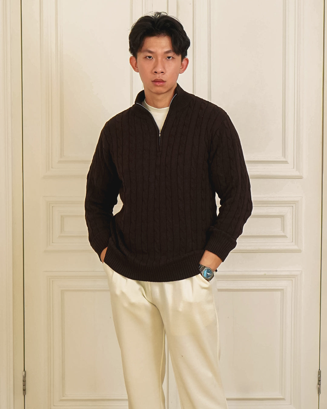 Cable-Knit Cotton GG Half-Zip Sweater - Coffee