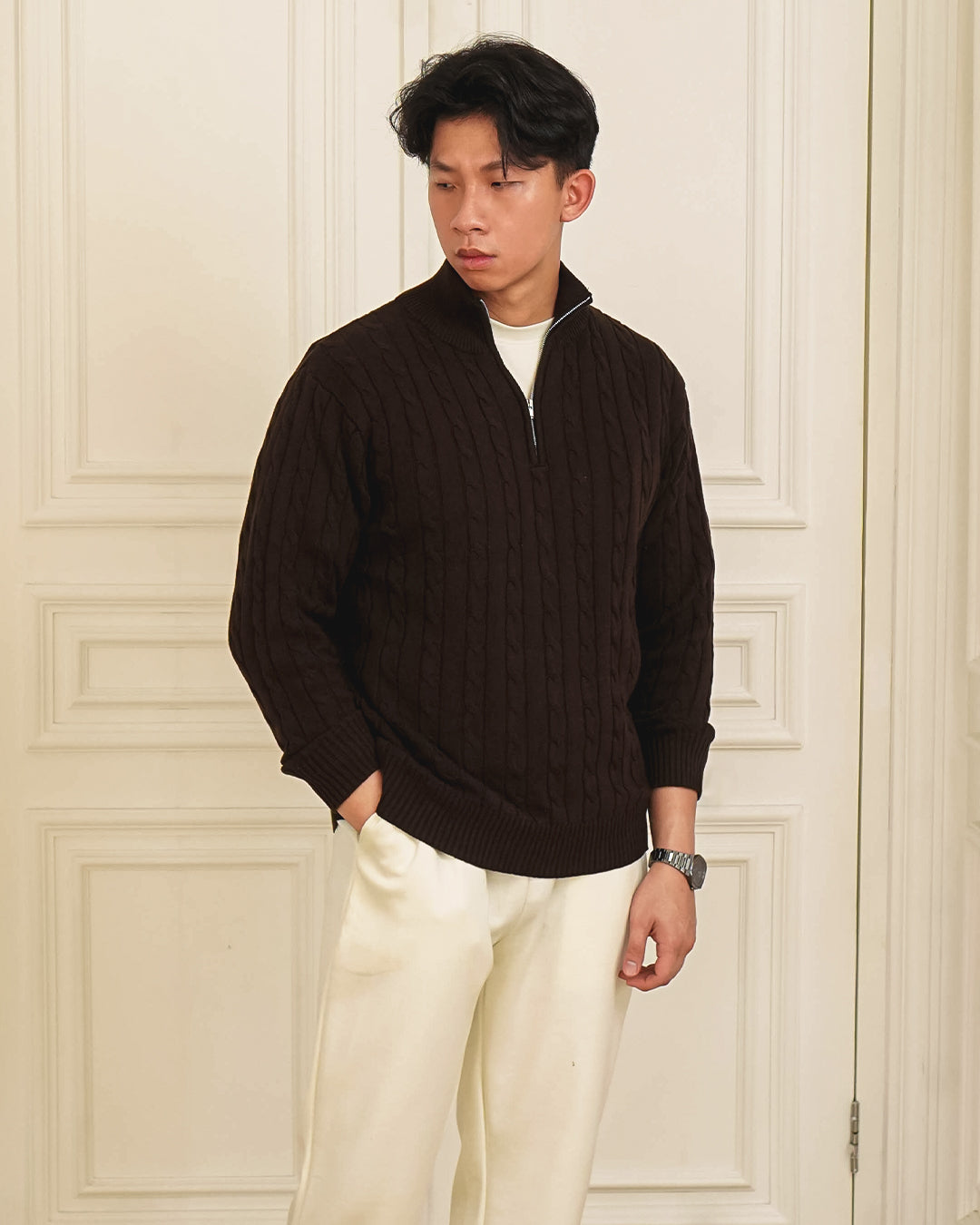 Cable-Knit Cotton GG Half-Zip Sweater - Coffee