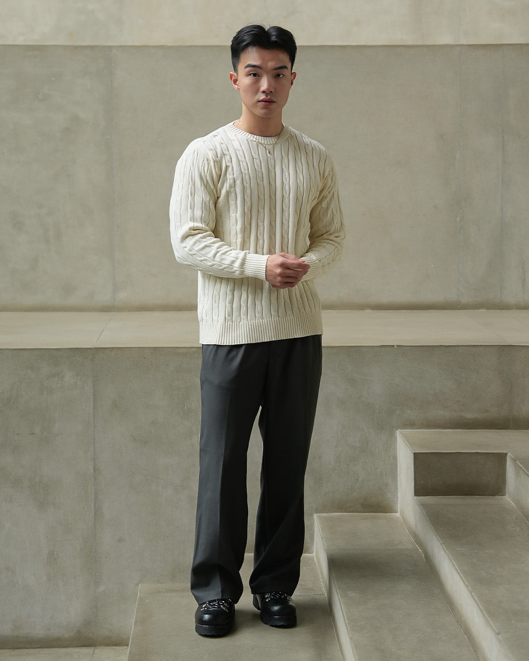 Crewneck Cable-Knit Cotton GG Sweater - Offwhite