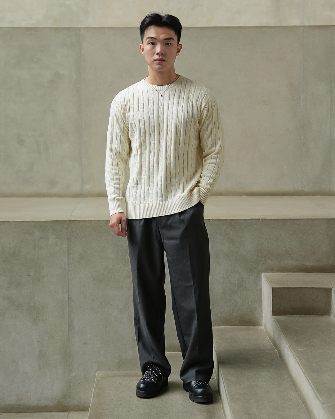 Crewneck Cable-Knit Cotton GG Sweater - Offwhite