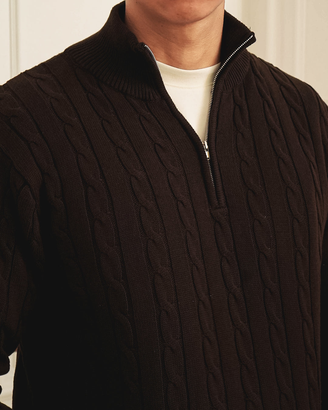 Cable-Knit Cotton GG Half-Zip Sweater - Coffee