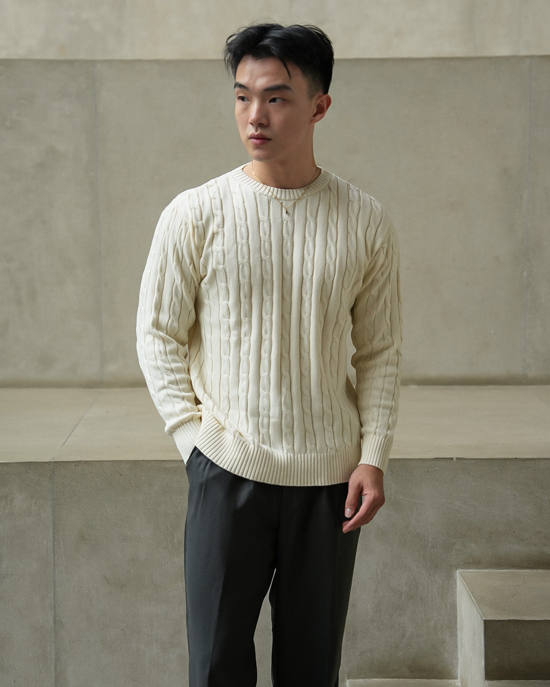 Crewneck Cable-Knit Cotton GG Sweater - Offwhite