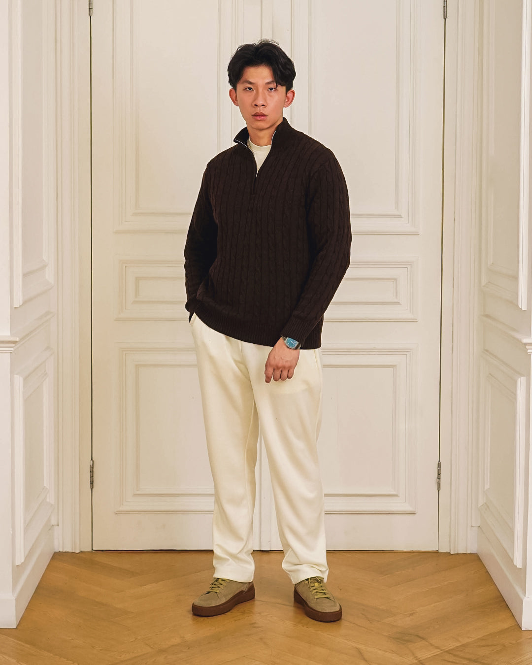 Cable-Knit Cotton GG Half-Zip Sweater - Coffee