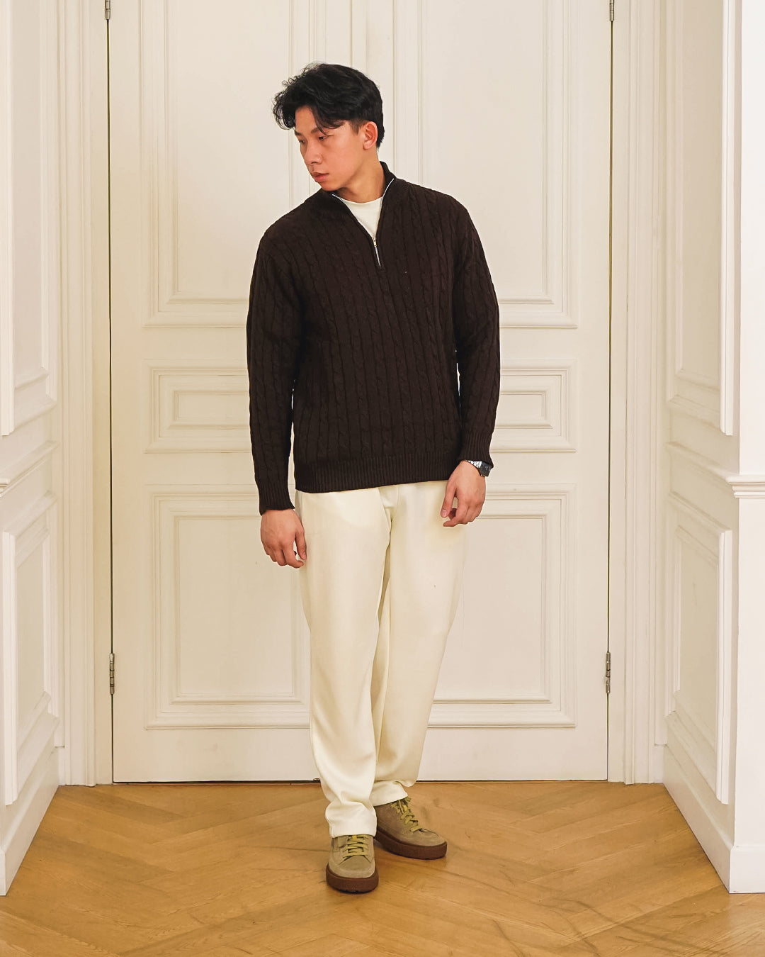 Cable-Knit Cotton GG Half-Zip Sweater - Coffee