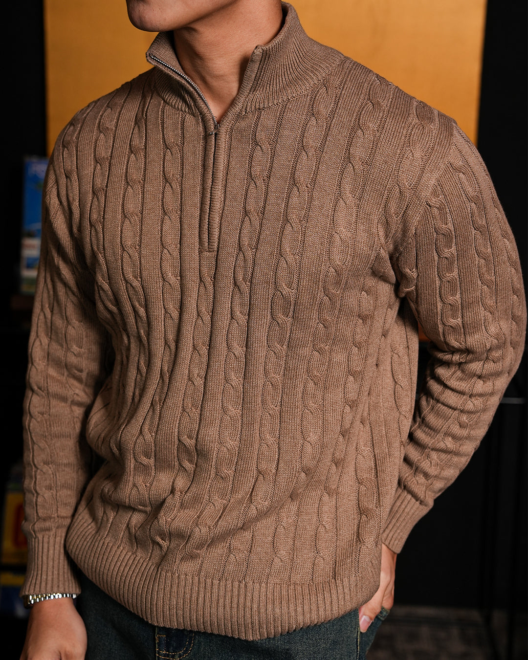 Cable-Knit Cotton GG Half-Zip Sweater - Brown
